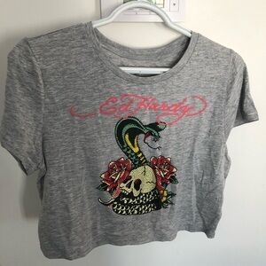 Ed Hardy Gray Tee with Snake and Skull Graphic crop top XL